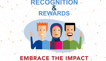 Tekening van drie personen met de tekst 'recognition & rewards: embrace the impact'